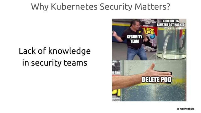 Why Kubernetes Security Matters?
Lack of knowledge
in security teams
@madhuakula
