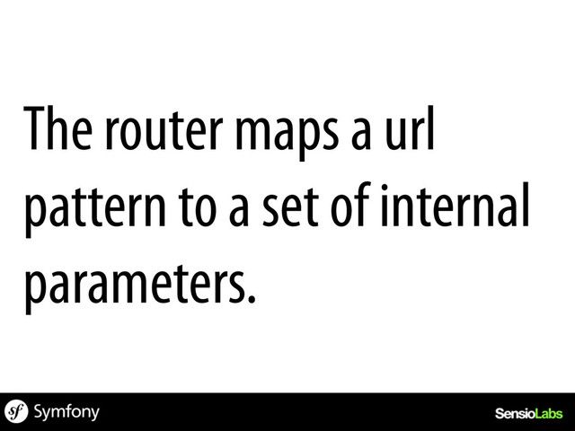 The router maps a url
pattern to a set of internal
parameters.
