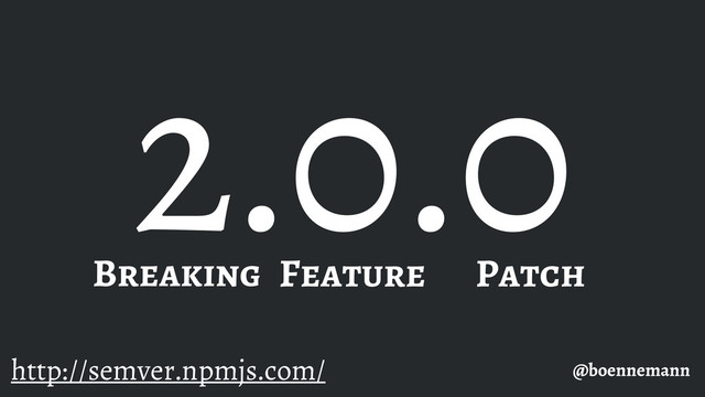 2.0.0
@boennemann
Breaking Feature Patch
http://semver.npmjs.com/
