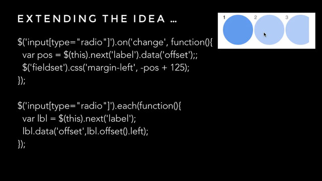 E X T E N D I N G T H E I D E A …
$('input[type="radio"]').on('change', function(){
var pos = $(this).next('label').data('offset');;
$('fieldset').css('margin-left', -pos + 125);
});
!
$('input[type="radio"]').each(function(){
var lbl = $(this).next('label');
lbl.data('offset',lbl.offset().left);
});
