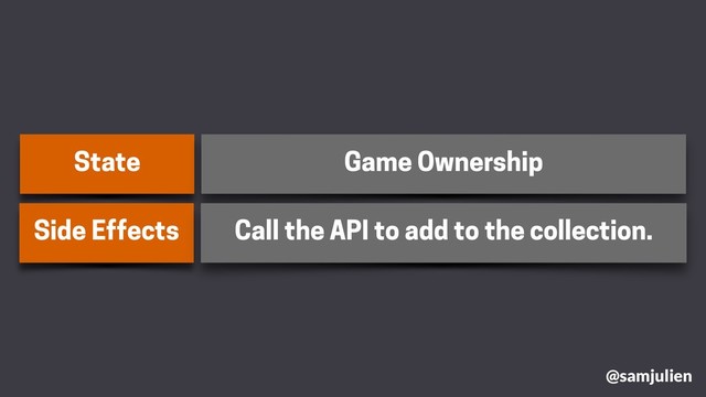 State Game Ownership
Side Effects Call the API to add to the collection.
@samjulien
