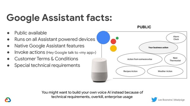 ● Public available
● Runs on all Assistant powered devices
● Native Google Assistant features
● Invoke actions (Hey Google talk to )
● Customer Terms & Conditions
● Special technical requirements
Google Assistant facts:
PUBLIC
Your business action
Action from someone else
Weather Action
Recipes Action
Nest
Thermostat
Alarm
Clock
You might want to build your own voice AI instead because of
technical requirements, overkill, enterprise usage
Lee Boonstra | @ladysign
