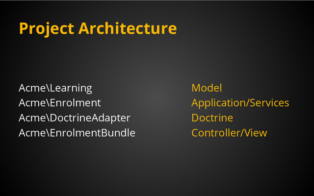Project Architecture
Acme\Learning Model
Acme\Enrolment Application/Services
Acme\DoctrineAdapter Doctrine
Acme\EnrolmentBundle Controller/View
