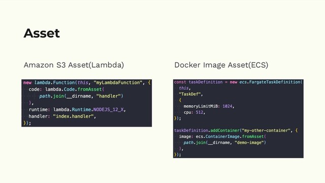 Amazon S3 Asset(Lambda) Docker Image Asset(ECS)
Asset
