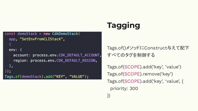 Tagging
Tags.of()メソッドにConstruct与えて配下
すべてのタグを制御する
Tags.of(SCOPE).add(‘key’, ‘value’)
Tags.of(SCOPE).remove(‘key’)
Tags.of(SCOPE).add(‘key’, ‘value’, {
priority: 300
})
