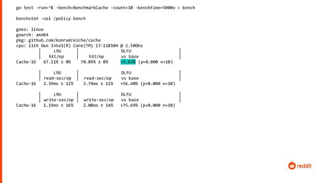 go test -run=^$ -bench=BenchmarkCache -count=10 -benchtime=5000x > bench
benchstat -col /policy bench
goos: linux
goarch: amd64
pkg: github.com/konradreiche/cache
cpu: 11th Gen Intel(R) Core(TM) i7-11850H @ 2.50GHz
│ LRU │ DLFU │
│ hit/op │ hit/op vs base │
Cache-16 67.11% ± 0% 70.89% ± 0% +5.63% (p=0.000 n=10)
│ LRU │ DLFU │
│ read-sec/op │ read-sec/op vs base │
Cache-16 2.39ms ± 12% 3.74ms ± 11% +56.40% (p=0.000 n=10)
│ LRU │ DLFU │
│ write-sec/op │ write-sec/op vs base │
Cache-16 1.19ms ± 16% 2.08ms ± 14% +75.69% (p=0.000 n=10)
