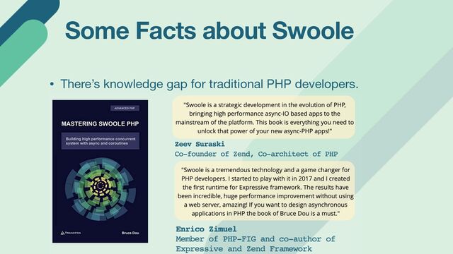 Some Facts about Swoole
• There’s knowledge gap for traditional PHP developers.

