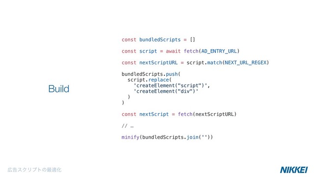 const bundledScripts = []
const script = await fetch(AD_ENTRY_URL)
const nextScriptURL = script.match(NEXT_URL_REGEX)
bundledScripts.push(
script.replace(
'createElement("script")',
'createElement("div")'
)
)
const nextScript = fetch(nextScriptURL)
// …
minify(bundledScripts.join(''))
Build
޿ࠂεΫϦϓτͷ࠷దԽ
