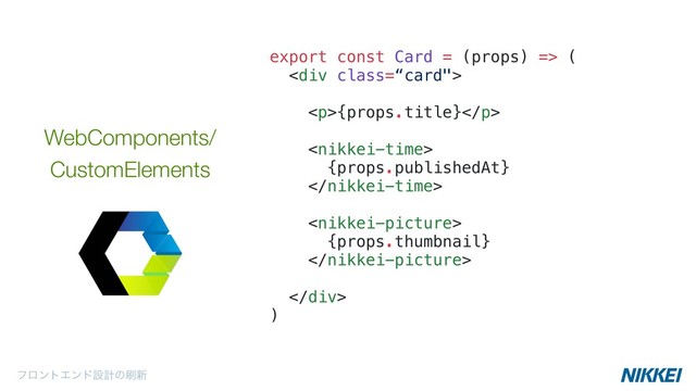 ϑϩϯτΤϯυઃܭͷ࡮৽
WebComponents/
CustomElements
export const Card = (props) => (
<div class='“card"'>
<p>{props.title}</p>
 
{props.publishedAt} 

 
{props.thumbnail} 

</div>
)
