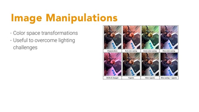 Image Manipulations
- Color space transformations
- Useful to overcome lighting
challenges
