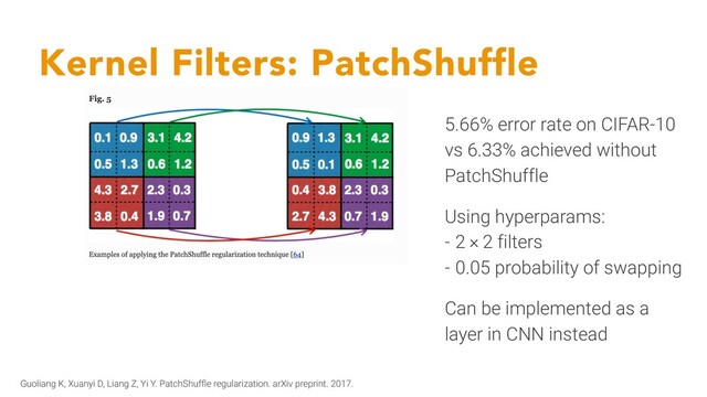Kernel Filters: PatchShuffle
Guoliang K, Xuanyi D, Liang Z, Yi Y. PatchShuffle regularization. arXiv preprint. 2017.
5.66% error rate on CIFAR-10
vs 6.33% achieved without
PatchShuffle
Using hyperparams:
- 2 × 2 filters
- 0.05 probability of swapping
Can be implemented as a
layer in CNN instead
