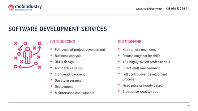 SOFTWARE DEVELOPMENT SERVICES
• Full-cycle of project development
• Business analysis
• UI/UX design
• Architecture setup
• Front-end, back-end
• Quality assurance
• Deployment
• Maintenance and support
OUTSOURCING
www.mobindustry.net +38 068 630 99 71
• Hire remote engineers
• Choose engineer by skills
• 40+ highly skilled professionals
• Direct staff management
• Full control over development
process
• Fixed price or hourly based
• Great price-quality ratio
OUTSTAFFING
