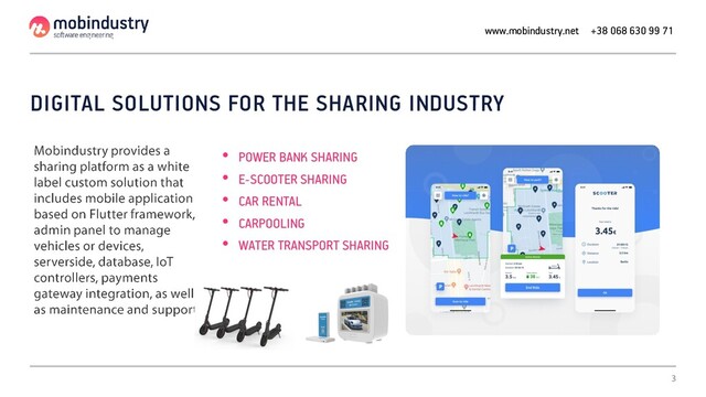 DIGITAL SOLUTIONS FOR THE SHARING INDUSTRY
• POWER BANK SHARING
• E-SCOOTER SHARING
• CAR RENTAL
• CARPOOLING
• WATER TRANSPORT SHARING
www.mobindustry.net +38 068 630 99 71
