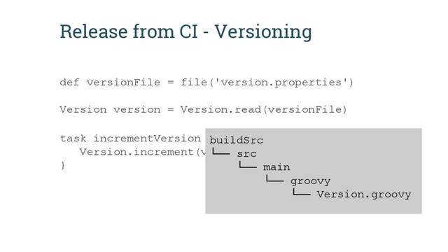 Release from CI - Versioning
def versionFile = file('version.properties')
Version version = Version.read(versionFile)
task incrementVersion << {
Version.increment(versionFile)
}
buildSrc
└── src
└── main
└── groovy
└── Version.groovy

