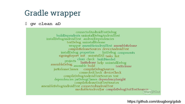 Gradle wrapper
$ gw clean aD
https://github.com/dougborg/gdub

