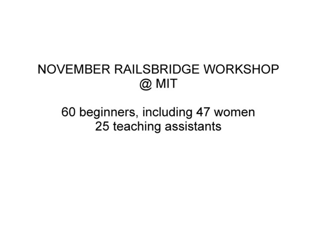 NOVEMBER RAILSBRIDGE WORKSHOP
@ MIT
60 beginners, including 47 women
25 teaching assistants
