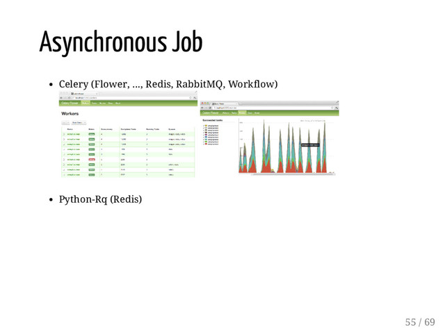 Asynchronous Job
Celery (Flower, ..., Redis, RabbitMQ, Workflow)
Python-Rq (Redis)
55 / 69
