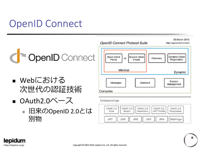 Copyright © 2004-2014 Lepidum Co. Ltd. All rights reserved.
https://lepidum.co.jp/
 Webにおける
次世代の認証技術
 OAuth2.0ベース

旧来のOpenID 2.0とは
別物
OpenID Connect
