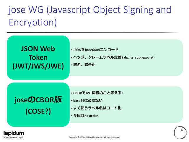 Copyright © 2004-2014 Lepidum Co. Ltd. All rights reserved.
https://lepidum.co.jp/
jose WG (Javascript Object Signing and
Encryption)
