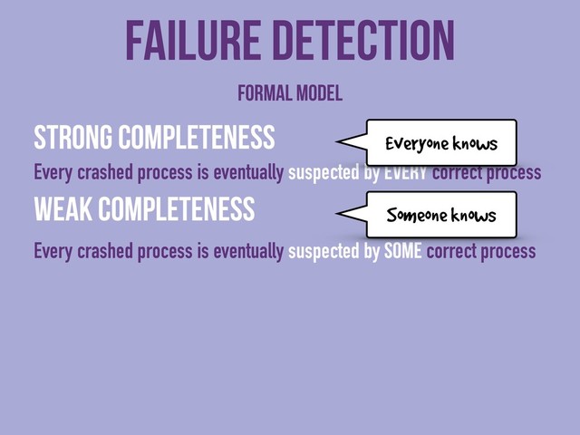 Strong completeness
Every crashed process is eventually suspected by every correct process
Weak completeness
Every crashed process is eventually suspected by some correct process
Failure detection
Formal model
Everyone knows
Someone knows
