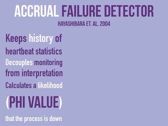 Keeps history of
heartbeat statistics
Decouples monitoring
from interpretation
Calculates a likelihood
(phi value)
that the process is down
Accrual Failure detector
Hayashibara et. al. 2004
