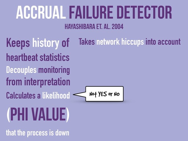 Not YES or NO
Keeps history of
heartbeat statistics
Decouples monitoring
from interpretation
Calculates a likelihood
(phi value)
that the process is down
Accrual Failure detector
Hayashibara et. al. 2004
Takes network hiccups into account
