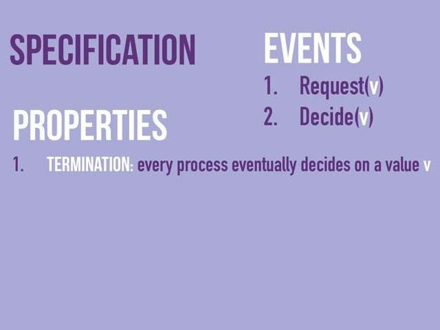 Events
1. Request(v)
2. Decide(v)
Specification
Properties
1. Termination: every process eventually decides on a value v
