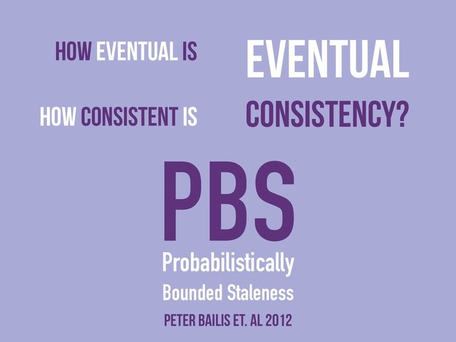 How eventual is
How consistent is
Eventual
consistency?
Probabilistically
Bounded Staleness
Peter Bailis et. al 2012
PBS
