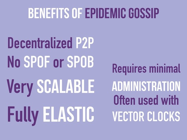 Decentralized P2P
No SPOF or SPOB
Very Scalable
Fully Elastic
Benefits of Epidemic Gossip
!
Requires minimal
administration
Often used with
VECTOR CLOCKS

