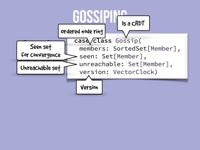 State
Gossip
GOSSIPING
case class Gossip(
members: SortedSet[Member],
seen: Set[Member],
unreachable: Set[Member],
version: VectorClock)
Is a CRDT
Ordered node ring
Seen set
for convergence
Unreachable set
Version

