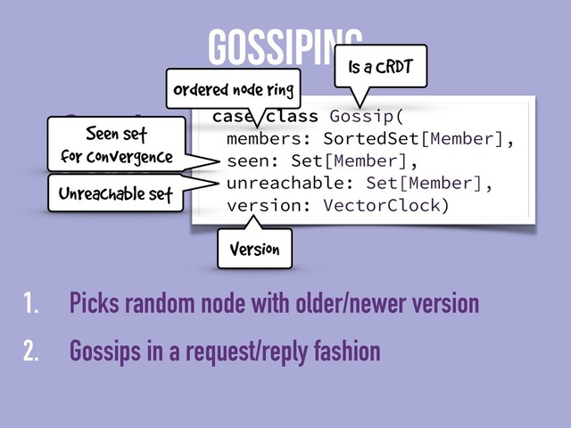 State
Gossip
GOSSIPING
case class Gossip(
members: SortedSet[Member],
seen: Set[Member],
unreachable: Set[Member],
version: VectorClock)
1. Picks random node with older/newer version
2. Gossips in a request/reply fashion
Is a CRDT
Ordered node ring
Seen set
for convergence
Unreachable set
Version
