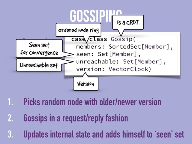 State
Gossip
GOSSIPING
case class Gossip(
members: SortedSet[Member],
seen: Set[Member],
unreachable: Set[Member],
version: VectorClock)
1. Picks random node with older/newer version
2. Gossips in a request/reply fashion
3. Updates internal state and adds himself to ‘seen’ set
Is a CRDT
Ordered node ring
Seen set
for convergence
Unreachable set
Version
