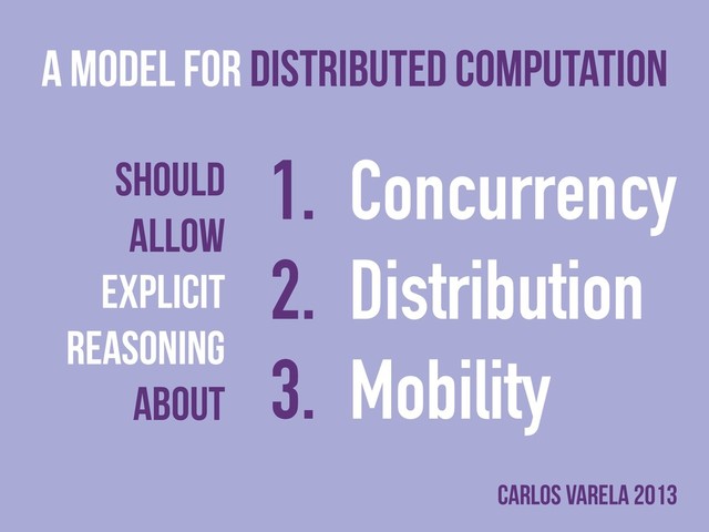 A model for distributed Computation
Should
Allow
explicit
reasoning
abouT
1. Concurrency
2. Distribution
3. Mobility
Carlos Varela 2013
