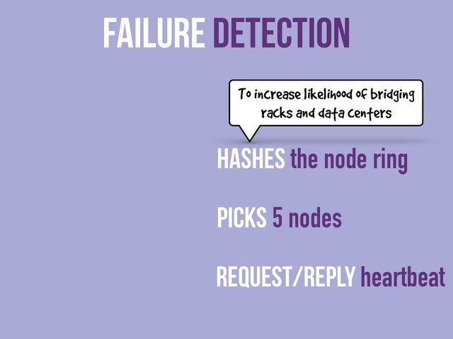 Failure Detection
Hashes the node ring
Picks 5 nodes
Request/Reply heartbeat
To increase likelihood of bridging
racks and data centers
