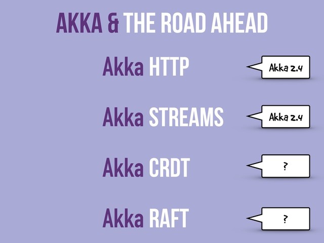 Akka & The Road Ahead
Akka HTTP
Akka Streams
Akka CRDT
Akka Raft
Akka 2.4
Akka 2.4
?
?
