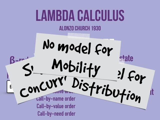 Even in parallel
order
β-reduction—can be
performed in any order
Normal order
Applicative order
Call-by-name order
Call-by-value order
Call-by-need order
Lambda Calculus
state
Immutable state
Managed through
functional application
Referential transparent
Alonzo Church 1930
Supports
Concurrency
No model for
Distribution
No model for
Mobility
