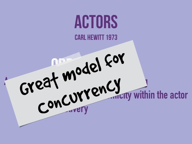 order
Async message passing
Non-determinism in
message delivery
actors
state
Share nothing
Atomicity within the actor
Carl HEWITT 1973
Great model for
Concurrency
