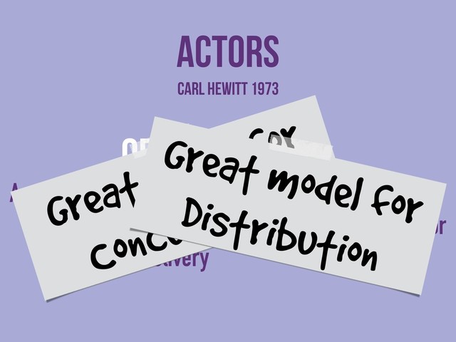 order
Async message passing
Non-determinism in
message delivery
actors
state
Share nothing
Atomicity within the actor
Carl HEWITT 1973
Great model for
Concurrency
Great model for
Distribution
