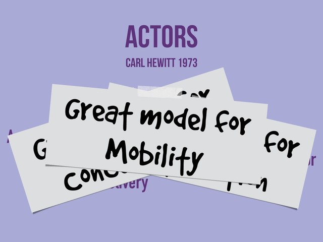 order
Async message passing
Non-determinism in
message delivery
actors
state
Share nothing
Atomicity within the actor
Carl HEWITT 1973
Great model for
Concurrency
Great model for
Distribution
Great model for
Mobility

