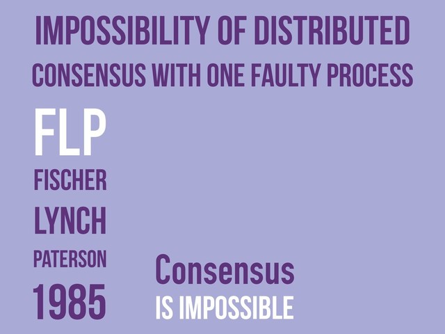 Impossibility of Distributed
Consensus with One Faulty Process
FLP
Fischer
Lynch
Paterson
1985
Consensus
is impossible
