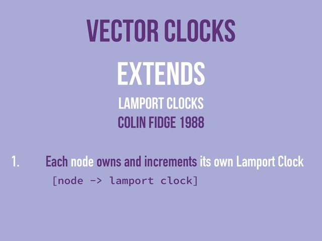 vector clocks
Extends
lamport clocks
colin fidge 1988
1. Each node owns and increments its own Lamport Clock
[node -> lamport clock]
