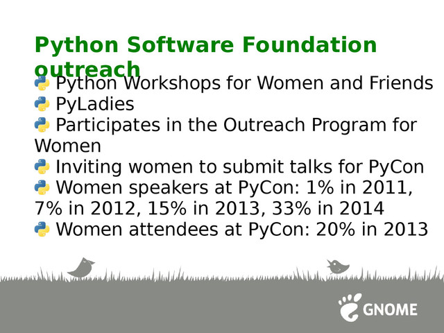 Python Software Foundation
outreach
Python Workshops for Women and Friends
PyLadies
Participates in the Outreach Program for
Women
Inviting women to submit talks for PyCon
Women speakers at PyCon: 1% in 2011,
7% in 2012, 15% in 2013, 33% in 2014
Women attendees at PyCon: 20% in 2013
