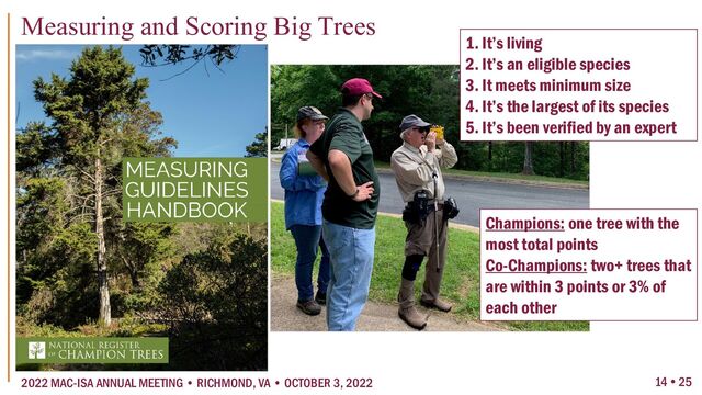14  25
2022 MAC-ISA ANNUAL MEETING • RICHMOND, VA • OCTOBER 3, 2022
Measuring and Scoring Big Trees
1. It’s living
2. It’s an eligible species
3. It meets minimum size
4. It’s the largest of its species
5. It’s been verified by an expert
Champions: one tree with the
most total points
Co-Champions: two+ trees that
are within 3 points or 3% of
each other
