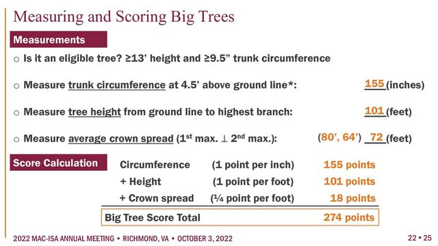 o Is it an eligible tree? ≥13’ height and ≥9.5” trunk circumference
o Measure trunk circumference at 4.5’ above ground line*: ____(inches)
o Measure tree height from ground line to highest branch: ____(feet)
o Measure average crown spread (1st max. ⊥ 2nd max.): ____(feet)
Measurements
Circumference (1 point per inch)
+ Height (1 point per foot)
+ Crown spread (¼ point per foot)
Big Tree Score Total
155
101
72
155 points
101 points
18 points
274 points
Score Calculation
22  25
(80’, 64’)
2022 MAC-ISA ANNUAL MEETING • RICHMOND, VA • OCTOBER 3, 2022
Measuring and Scoring Big Trees
