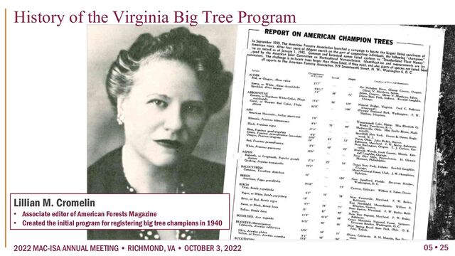 05  25
2022 MAC-ISA ANNUAL MEETING • RICHMOND, VA • OCTOBER 3, 2022
History of the Virginia Big Tree Program
Lillian M. Cromelin
• Associate editor of American Forests Magazine
• Created the initial program for registering big tree champions in 1940
