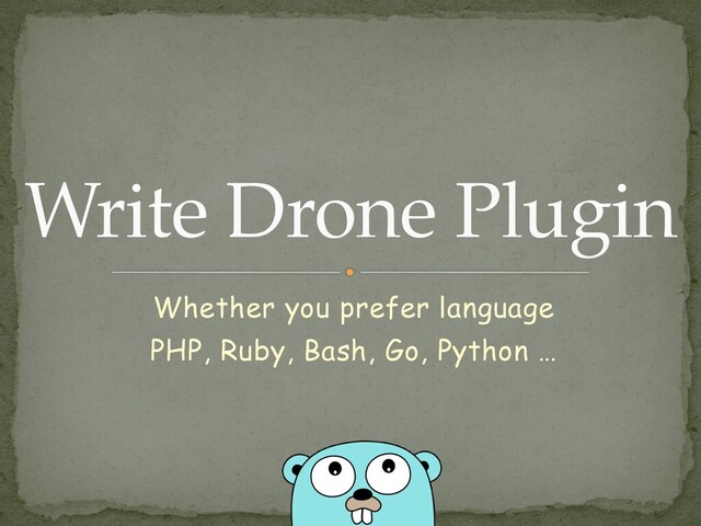 Write Drone Plugin
Whether you prefer language


PHP, Ruby, Bash, Go, Python …
