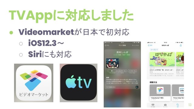 TVAppに対応しました
13
● Videomarketが日本で初対応
○ iOS12.3〜
○ Siriにも対応
