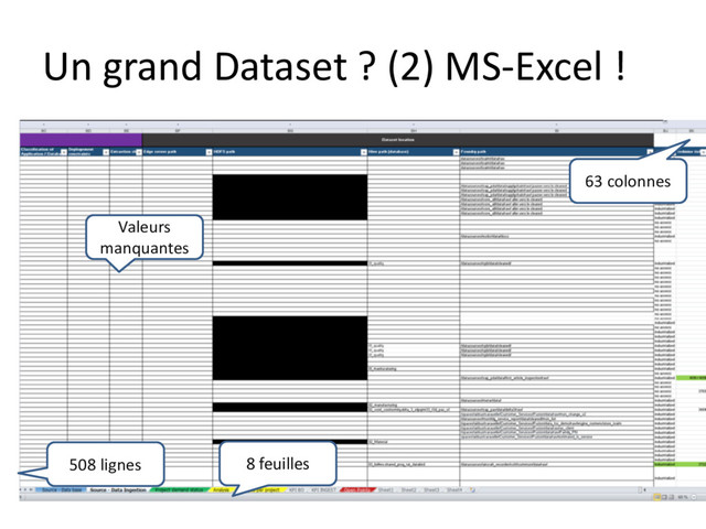 Un grand Dataset ? (2) MS-Excel !
Valeurs
manquantes
63 colonnes
508 lignes 8 feuilles
