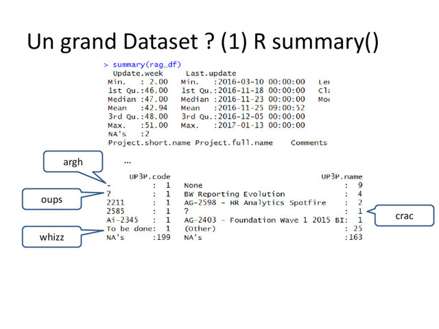Un grand Dataset ? (1) R summary()
argh
oups
whizz
crac
…
