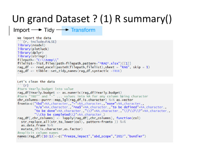 Un grand Dataset ? (1) R summary()
